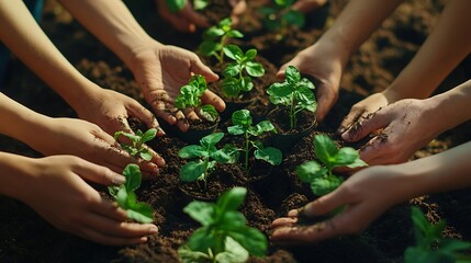 A diverse group of sustainable people holding plants in an eco friendly environment for nature conservation Closeup of hands planting in fertile soil for sustainability and organic far : Generative AI