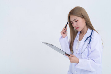 Portrait of young Female doctor with stethoscope on white background,Asian woman,Thailand people,She holding file in hand