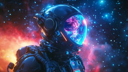 A futuristic astronaut with a glowing helmet explores the vibrant, colorful cosmos filled with stars and nebulae.