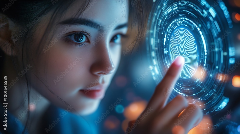 Poster Biometrics security system Woman using fingerprint identification to access personal financial data on mobile phone mobile banking app biometrics cyber security innovation technology : Generative AI