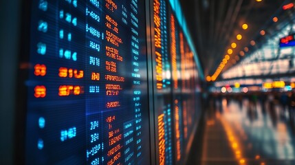Obraz premium International departure flight board displaying times and gate information for travelers in an airport : Generative AI