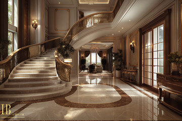 Grand staircase in a luxury interior with elegant classic decor and marble floors