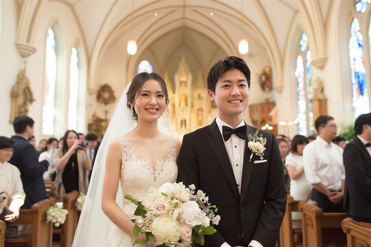 Happy couple bride groom ceremony in church with flowers, dress, tuxedo, and smile on their wedding day