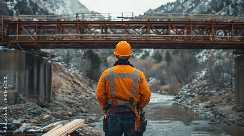 Poster construction engineer working on a bridge construction site over a rivercivil engineer supervising w