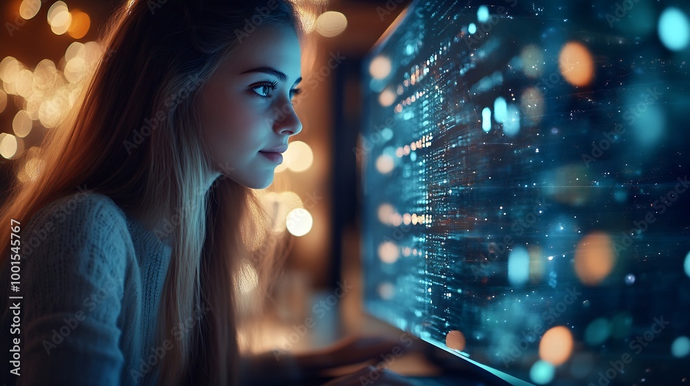 Poster Digital technology internet network connection global business concept Woman using modern computer surfing the internet data exchange digital marleting innovative technology background : Generative AI