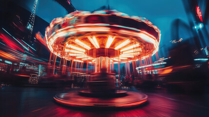 long exposure with motion blur light trail of spining carousel in amusement park at night