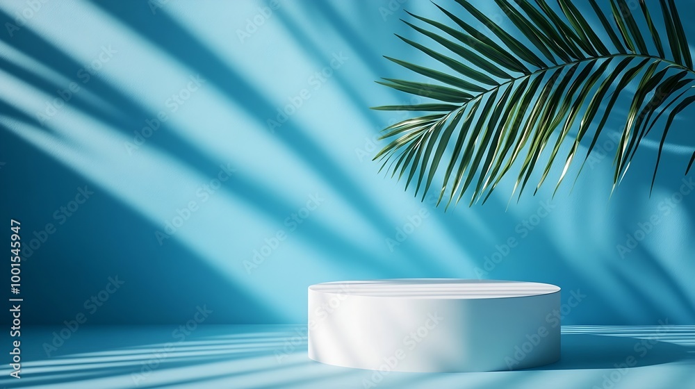 Aufkleber An elegantly simple white podium setup with the serene shadow of a palm leaf cast on a smooth blue background : Generative AI