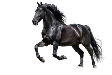 Fototapeta premium Striking Friesian horse prancing with flowing tail and mane isolated on transparent background