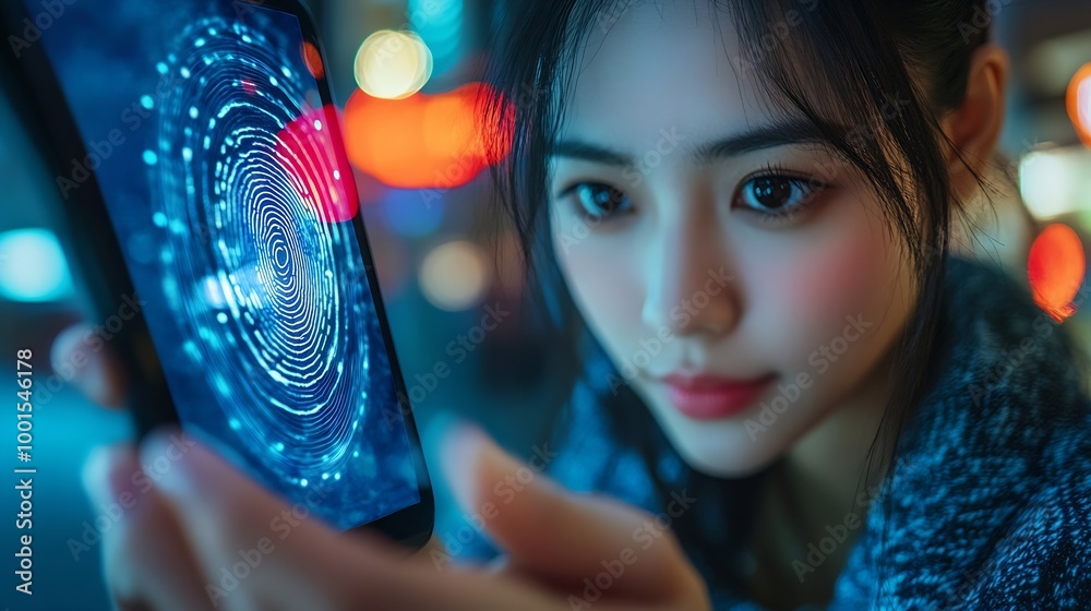 Poster Biometrics security system Woman using fingerprint identification to access personal financial data on mobile phone mobile banking app biometrics cyber security technology against digi : Generative AI