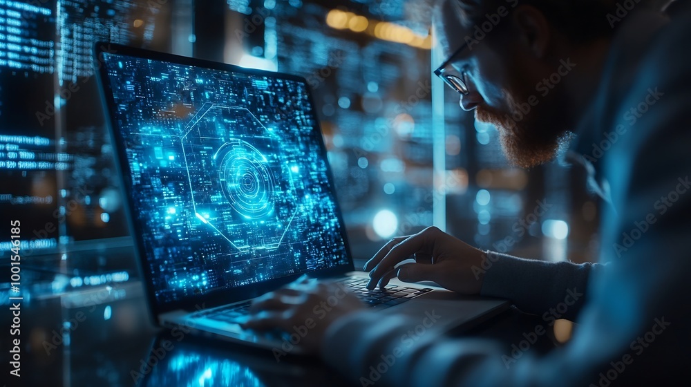 Leinwandbilder Cyber security network Data protection Businessman using mobile phone and laptop with network security on internet technology networking with cloud computing privacy data management cy : Generative AI