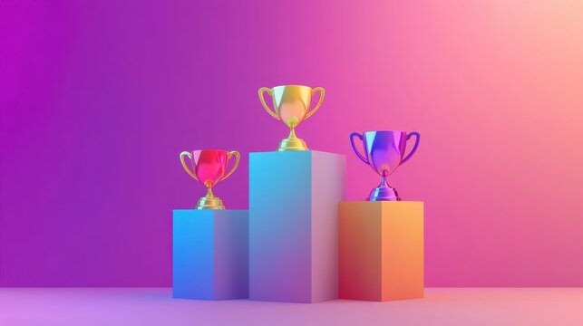 A three-level podium showcases three colorful trophies set against a gradient background