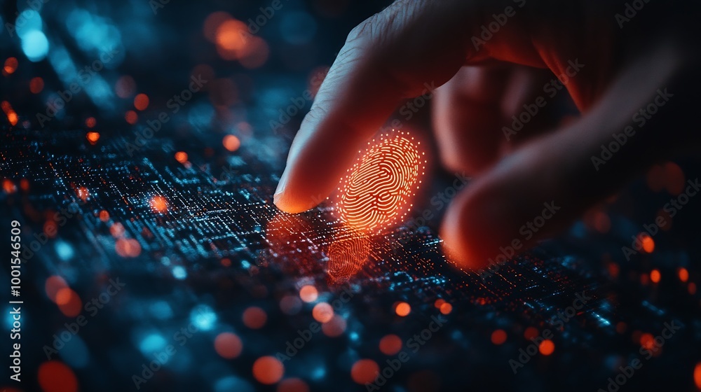 Aufkleber Biometric security network privacy data protection Businessman using fingerprint identification to access personal financial data cybersecurity technology against digital cyber crime : Generative AI