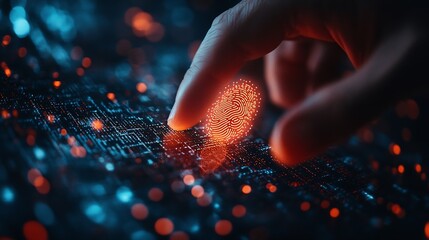 Biometric security network privacy data protection Businessman using fingerprint identification to access personal financial data cybersecurity technology against digital cyber crime : Generative AI