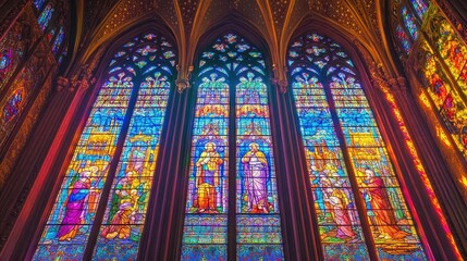 Obraz premium A radiant stained glass window in a Gothic cathedral, depicting intricate biblical scenes and religious figures,