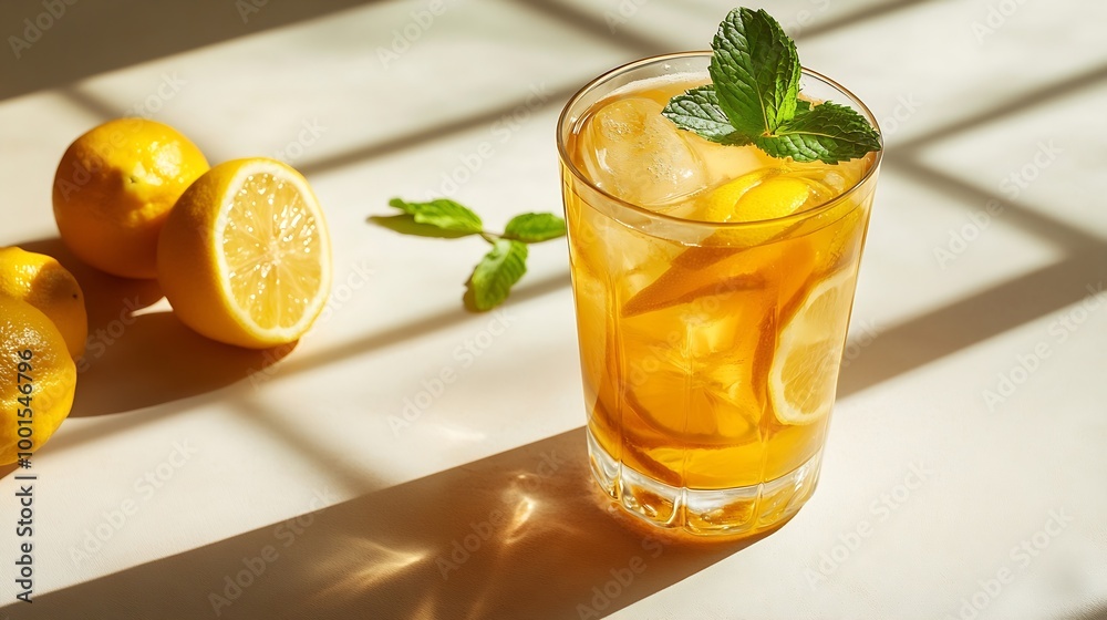 Poster Iced drink with lemon mint in a glass on a on a light background with shadow and citrus fruits The concept of a cold tea or lemonade on a hot summer day Front view : Generative AI