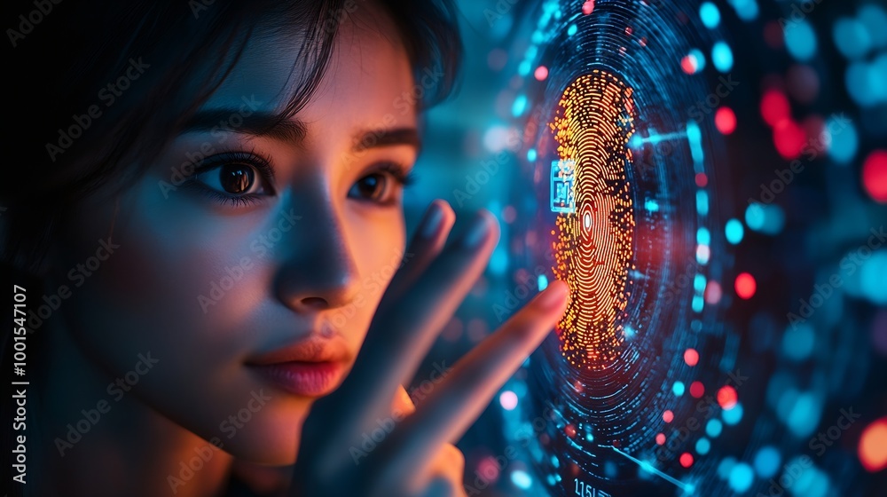 Poster Biometric security system identification businesswoman scanning fingerprint to access authentication personal financial data cyber security concept : Generative AI