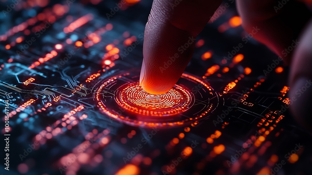 Aufkleber Biometric security system Man uses thumb to access data Access permission system on screen cyber security innovation technology : Generative AI