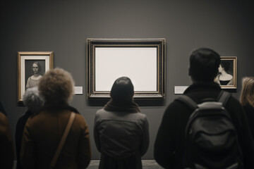 Gallery visitors admiring a classic painting in a museum exhibit showcasing artwork and portraits