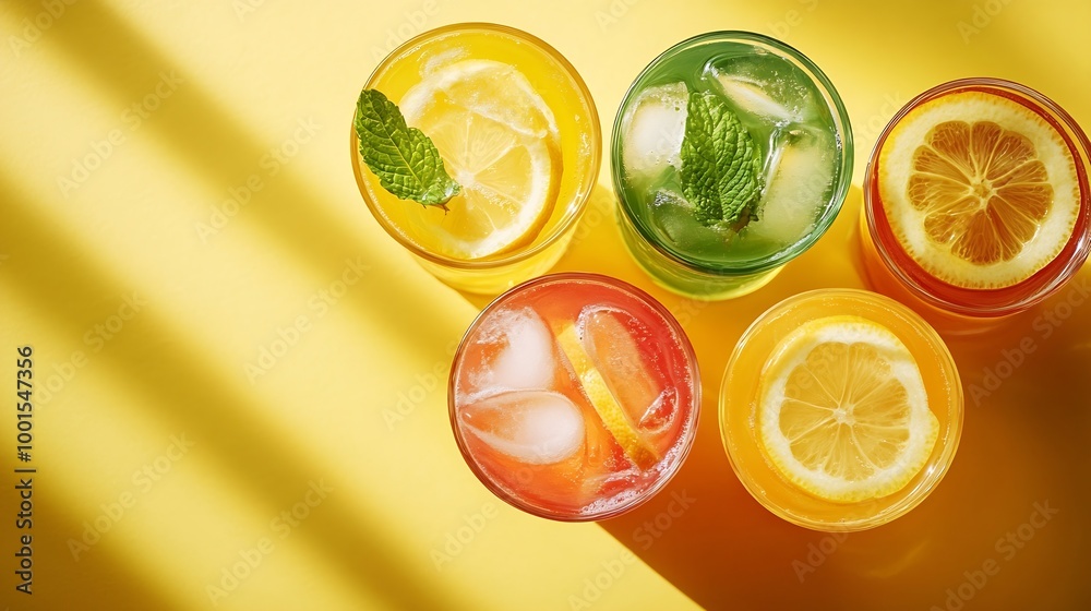 Poster takeaway glasses of summer drinks with ice top view lemonades and coctails on yellow background : ge
