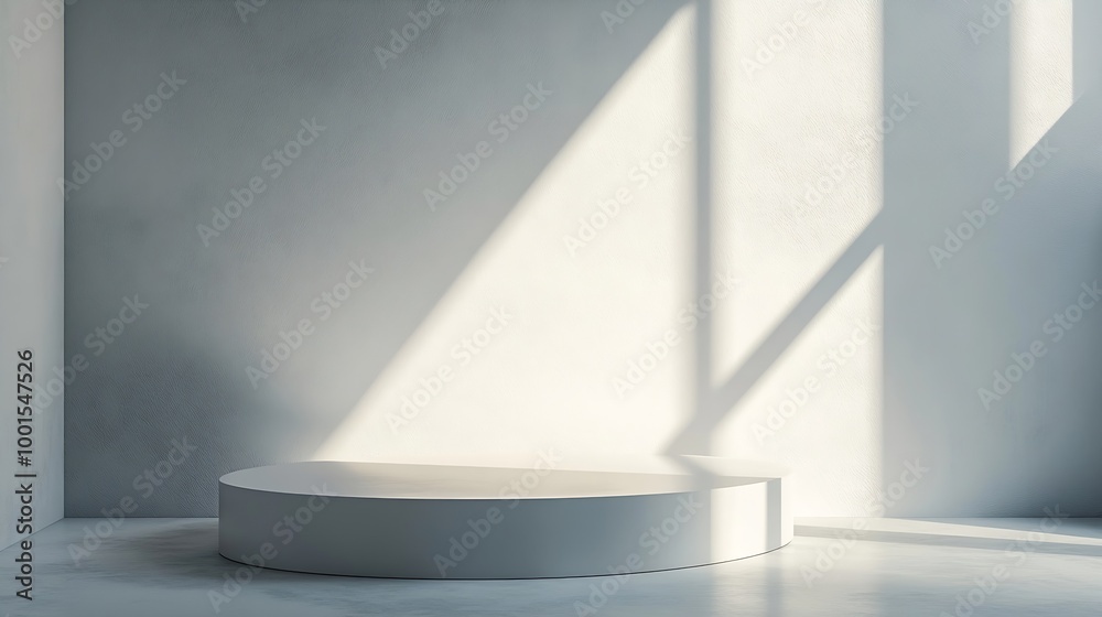 Fototapete White abstract empty corner blank table studio shot empty table white podium with spotlight and bright minimal background plaster bright white and gray wall and white table stage backg : Generative AI