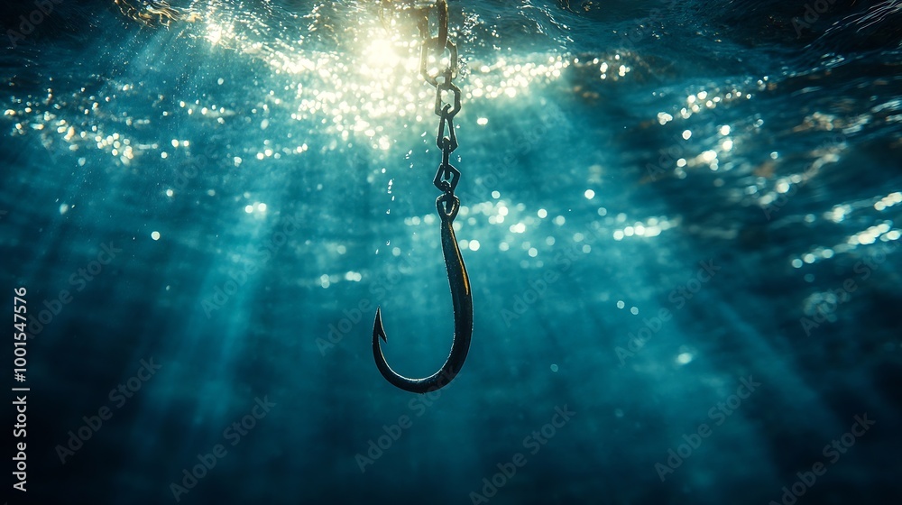 Poster login information attached to large hook under water with sunlight phishing concept : generative ai