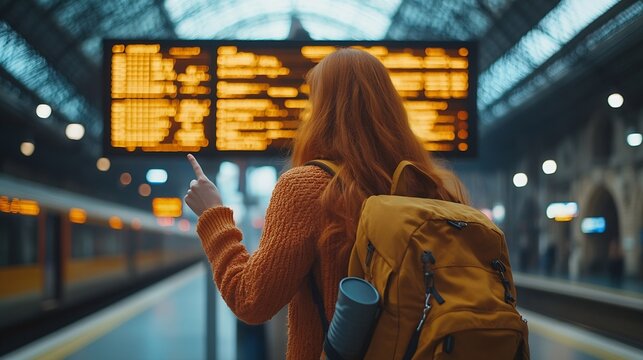Young redhead woman with backpack pointing finger on train timetable on a railway station 30s female with smart phone Looking at Arrival and Departure Information Display Traveler : Generative AI