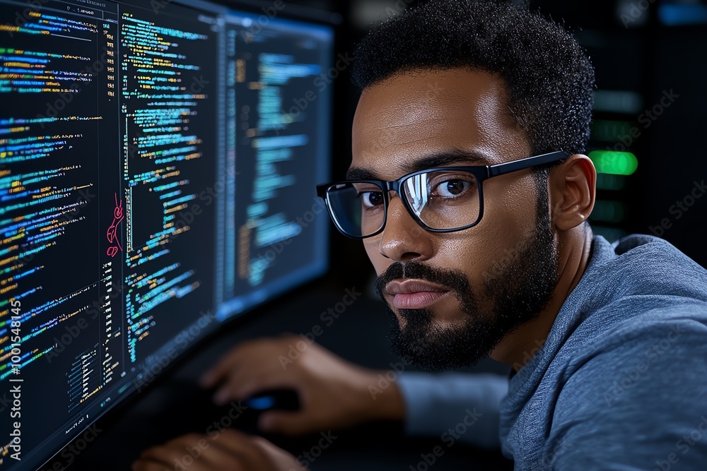 Aufkleber Programmer solving coding errors, staring intently at a screen with error messages and highlighted lines of code