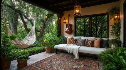 A patio with a hanging hammock, a guitar, and a couch. The hammock is white and the guitar is brown. The couch is white and has pillows on it. The patio is surrounded by plants