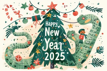 A colorful Christmas tree with a dragon and a man on it