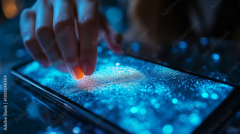 Leinwandbilder Biometric security network privacy data protection Woman fingerprint identification on mobile phone to access personal financial data mobile banking app cyber security technology data  : Generative AI