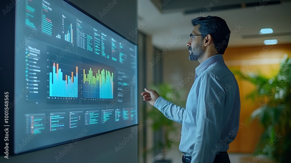 Poster modern south asian business office meeting confident indian manager uses interactive display makes r