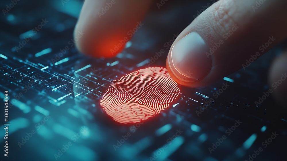 Poster Fingerprint identification to access personal financial data The idea for EKYC electronic know your customer biometrics security innovation technology against digital cybercrime : Generative AI