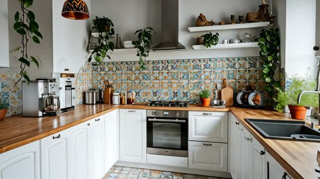 Cozy modern kitchen with white cabinets, wooden countertops, colorful patterned tiles, and green potted plants adding a natural touch.

