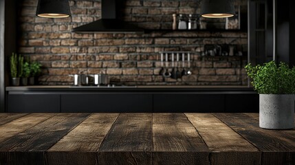 A kitchen with a brick wall and a wooden countertop. A potted plant sits on the countertop