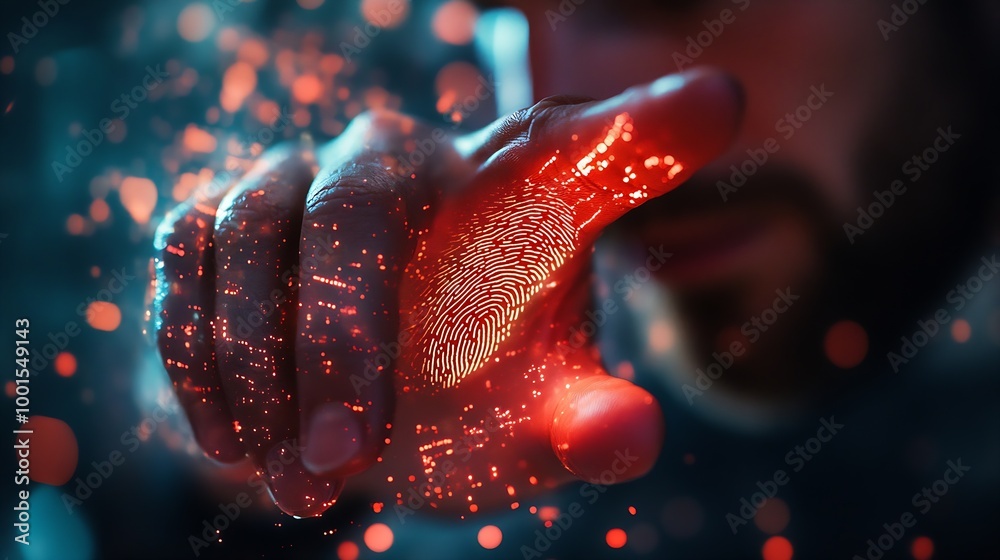 Poster Man scan fingerprint biometric identity and approval Secure access granted by valid fingerprint scan cyber security on internet of digital program futuristic applications cybernetic bu : Generative AI