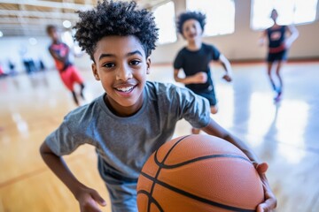 Close-up of a young boy dribbling a basketball