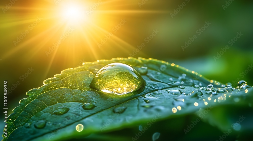 Poster Beauty transparent drop of water on a green leaf macro with sun glare Beautiful artistic image of environment nature in spring or summer : Generative AI