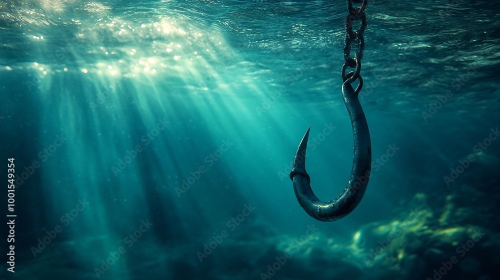Poster login information attached to large hook under water with sunlight phishing concept : generative ai