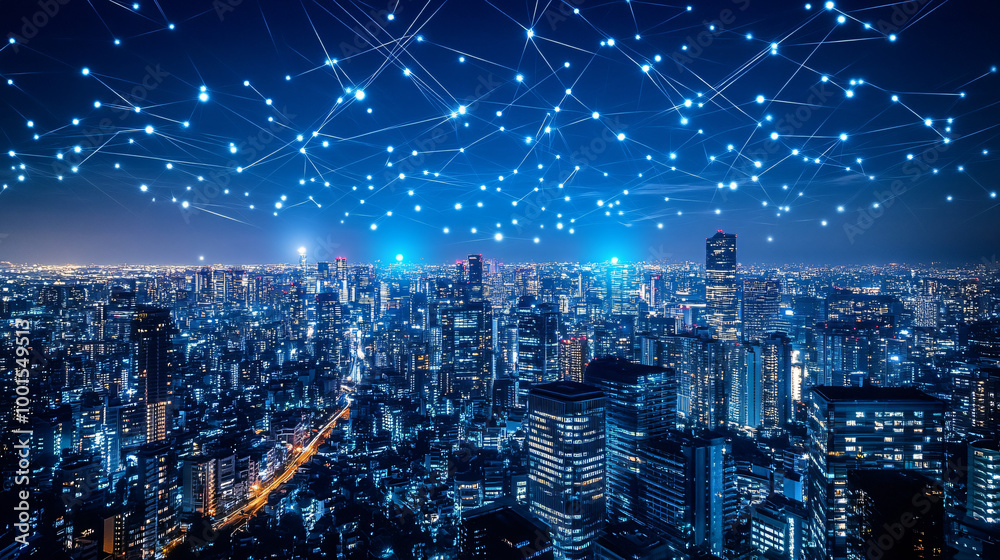 Aufkleber futuristic nocturnal cityscape representing interconnectedness and technological integration within 