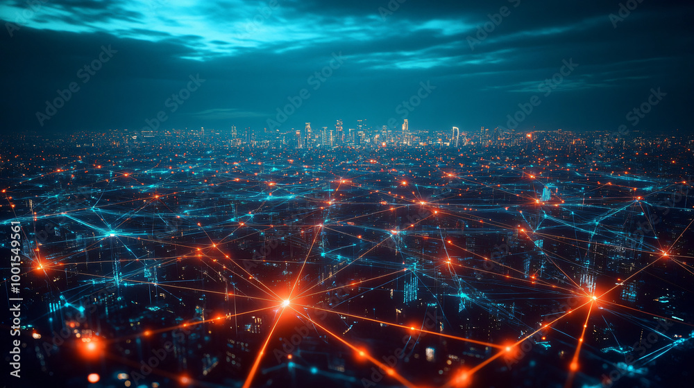 Poster connecting buildings and establishing communication: glowing dots and lines illuminate the city at n