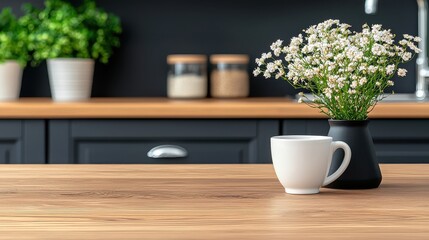 A white coffee cup sits on a wooden table next to a vase of flowers. The table is surrounded by potted plants, giving the space a warm and inviting atmosphere