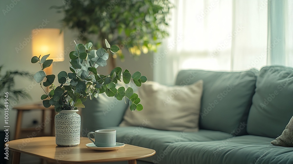 Poster Vertical shot of soft modular couch floor standing lamp side table green eucalyptus in vase and coffee cup in living room Aesthetic composition of classic interior at cozy house : Generative AI