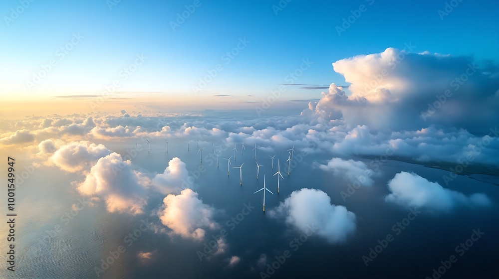 Poster offshore windmill park with clouds and a blue sky windmill park in the ocean aerial view with wind t