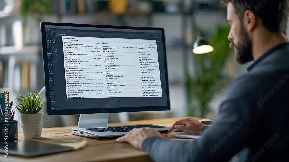 Poster Email inbox message list on a computer laptop screen man working on an office desk business background Email correspondence mail concept : Generative AI