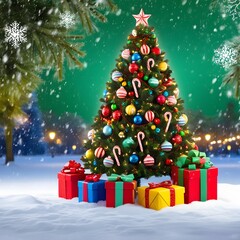 Watercolour background with a decorated christmas tree