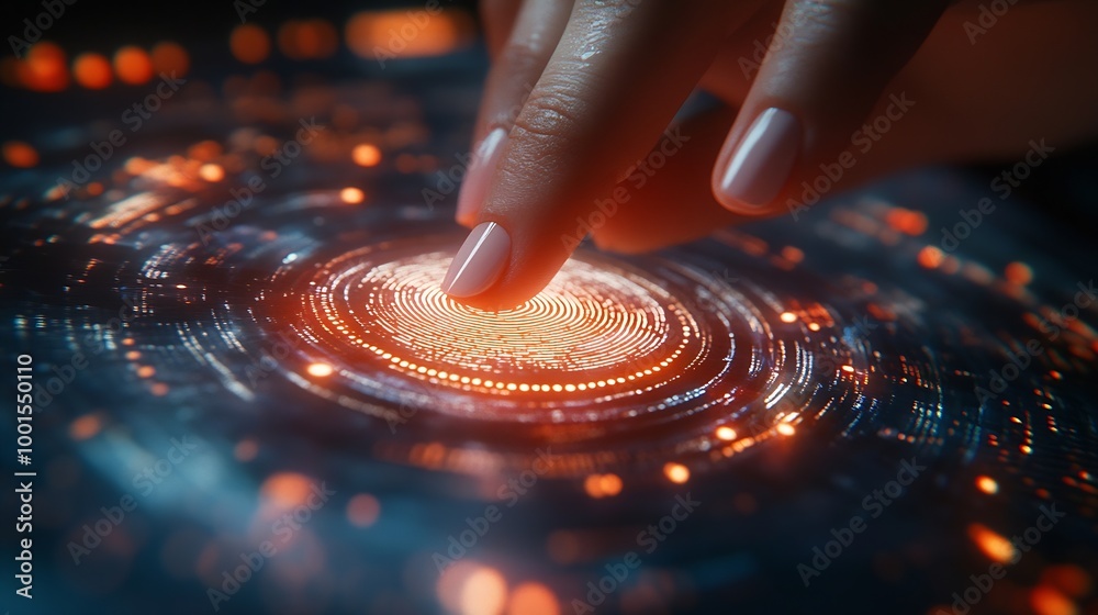 Poster Biometrics security and  innovation technology concept Woman using fingerprint indentification to personal access Touch ID : Generative AI
