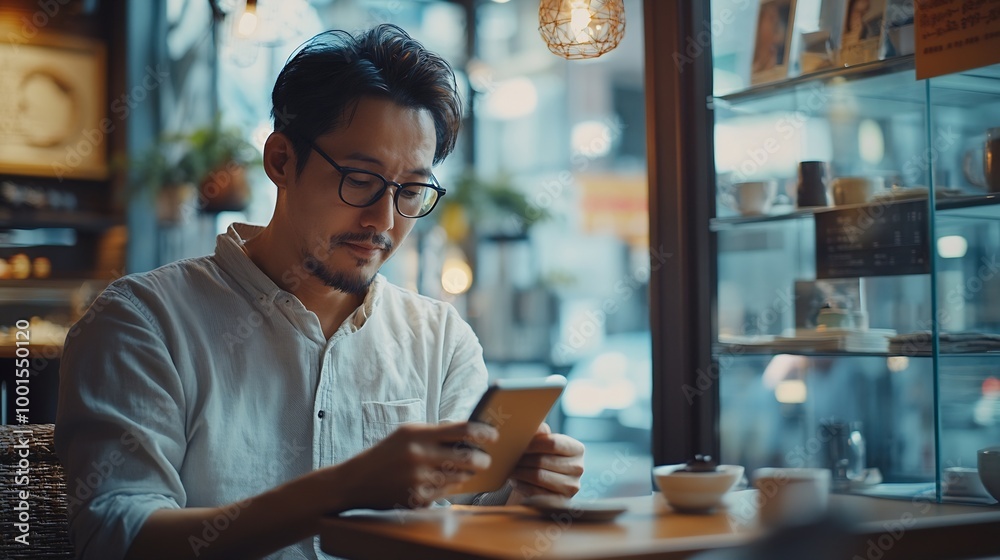 Poster Man Checking Emails Coffee Break Concept : Generative AI