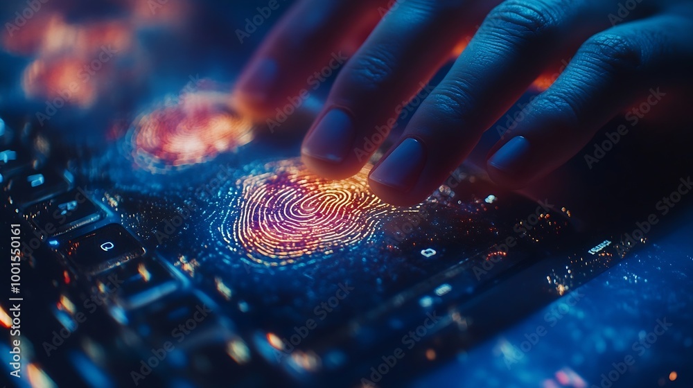 Poster Double exposure of abstract creative fingerprint hologram with hands typing on laptop on background research and development concept : Generative AI
