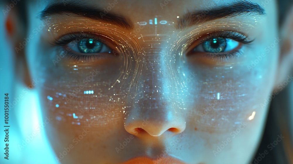 Aufkleber Technological Scanning Biometric Facial Recognition Face Id Technological Scanning face of woman to identify and login for mobile phone user cyber security personal data protection con : Generative AI