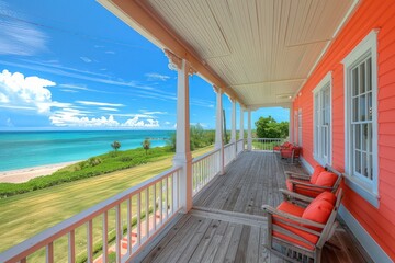 Bright coral coastal home with a wrap-around porch, facing the serene blue sea and golden sands.